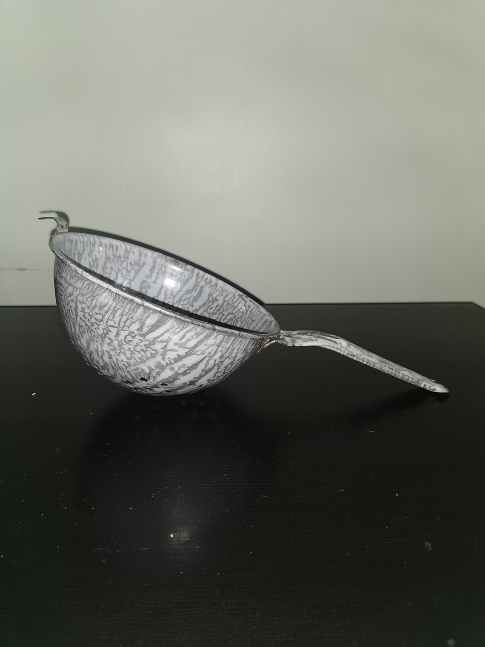 Antique Enamel Graniteware Colander Strainer Blue White 12"L